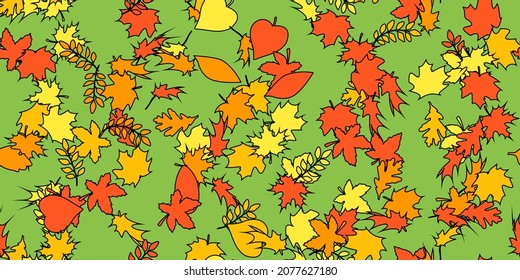 Fondo vectorial con hojas de otoño de color rojo, naranja y amarillo. Resumen de un patrón sin fisuras de diferentes folletos. Ilustración del vector sobre fondo verde claro