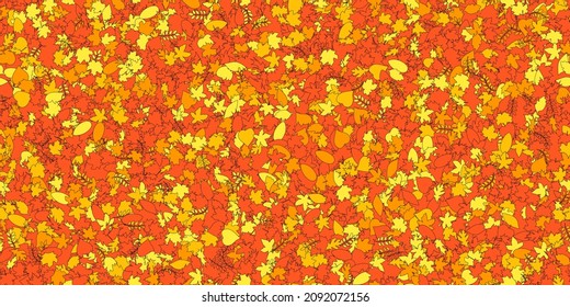 Vector background with red, orange and yellow falling autumn leaves. Abstract seamless pattern from different leafs. Many small leaves. Vector illustration on deep orange background
