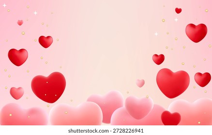 Fondo de Vector con corazones rojos y rosados. Para el Día de San Valentín, diseños de amor, proyectos de bodas, tarjetas de felicitación, Anuncios, redes sociales, empaques y materiales de marketing festivos.