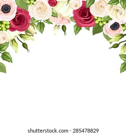 Vector background with red, pink and white roses, lisianthuses and anemone flowers and green leaves on a white background.