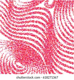 Vector background with red and ruby color circles. Curve lines of multiple colorful round confetti on white backdrop. Abstract striped pattern, geometric shapes scatter, stylish waviness cover.