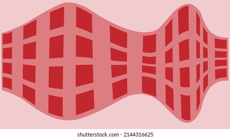 Vector background in red. Red squares folded into lines. Background for objects in pink. Twirl the object for the created spatial effect.