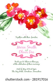 Vector background with red watercolor camellias for wedding invitation or flyer