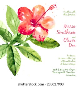 Vector background with red watercolor hibiscus for wedding invitation or flyer