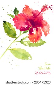 Vector background with red watercolor hibiscus for wedding invitation or flyer