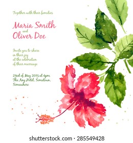 Vector background with red watercolor hibiscus for wedding invitation or flyer