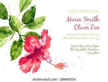 Vector background with red watercolor hibiscus for wedding invitation or flyer