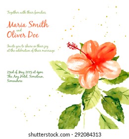 Vector background with red watercolor hibiscus for wedding invitation or flyer