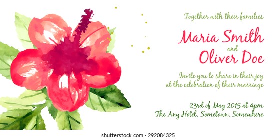 Vector background with red watercolor hibiscus for wedding invitation or flyer