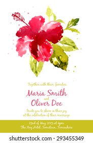 Vector background with red watercolor hibiscus for wedding invitation or flyer
