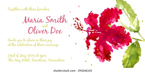 Vector background with red watercolor hibiscus for wedding invitation or flyer