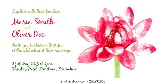Vector background with red watercolor lotus for wedding invitation or flyer