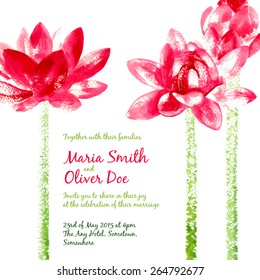 Vector background with red watercolor lotus for wedding invitation or flyer