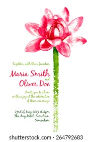 Vector background with red watercolor lotus for wedding invitation or flyer