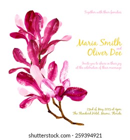 Vector background with red watercolor magnolia for wedding invitation or flyer