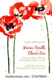 Vector background with red watercolor poppies for wedding invitation or flyer
