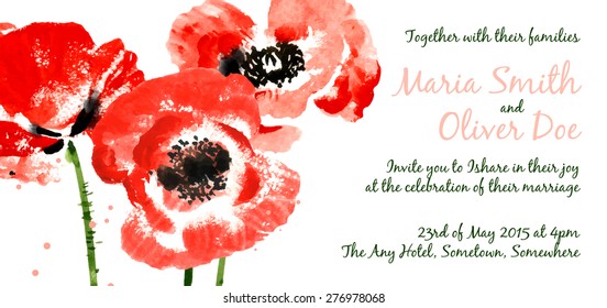 Vector background with red watercolor poppies for wedding invitation or flyer