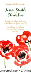 Vector background with red watercolor poppies for wedding invitation or flyer