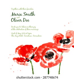 Vector background with red watercolor poppies for wedding invitation or flyer