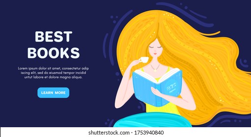 Vector background with redheaded girl with book and cup of tea. Bookworm. Woman sitting and reading. Colorful design. Landing page for library, bookstore, publishing house. Banner, mailing, poster