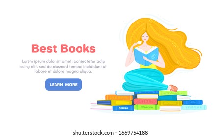 Vector background with redheaded girl with pile of books and cup of tea. Bookworm. Reading. Woman is sitting on book stacks. Landing page for library, bookstore, publishing house. Banner, mailing