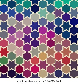 Vector background of repeating geometric stars. Geometric background. Retro hipster color spectrum background. Mosaic pattern, Backdrop. Repeating circles, round shapes.