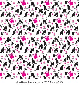 Vector background with repeating pattern. Black cat in different positions. Cat's paw, cat's nose. Repeating pattern on white background. Cat, beast, animal, predator, hunter, cute.