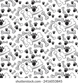 Vector background with repeating pattern. Bones and dog paws spread out in the area. A repeating pattern. bone, dog's paw.