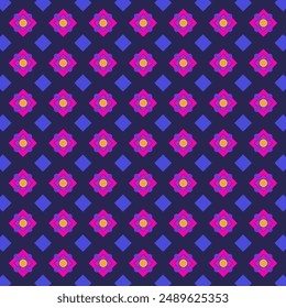 Vector background with repeating pattern. Geometric repeating pattern. Square, ornament, decorative, ornamental. Blue, purple, yellow. Colored. Fabric, pattern, background.