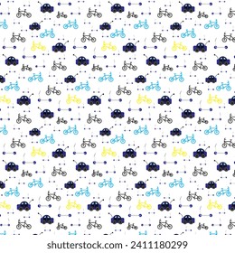 Vector background with repeating pattern with means of transport. Sample filler with a car, bike, and scooter. Repeating pattern, means of transport. Fabric, pattern, wrapping paper, cards