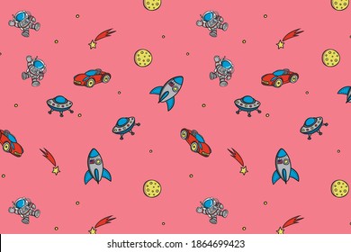 Vector background - a repeating pattern of space objects on a pink background. Can be used as wallpaper for children's room