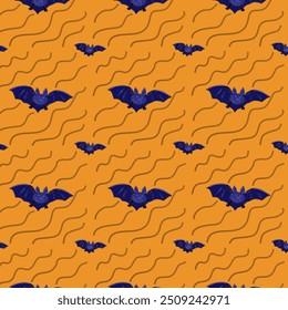 Fondo de Vector con patrón sin fisuras que se repite. Patrón en forma de murciélago completo con líneas. Fondo, textura. Halloween, murciélago, animal. Fondo de Halloween, naranja, murciélago en color azul oscuro