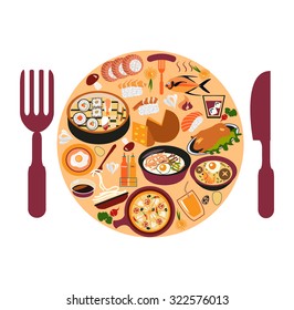 Vector background with Restaurant and  dining set - Illustration. Asian food set 