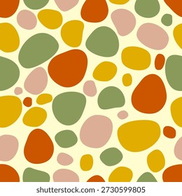 Vetor fundo retro 70s padrão sem emenda com pontos de polka orgânica. Abstrato groovy manchas design plano para embalagem simples. Vintage pollen speckle wallpaper nenhum estilo de contorno.