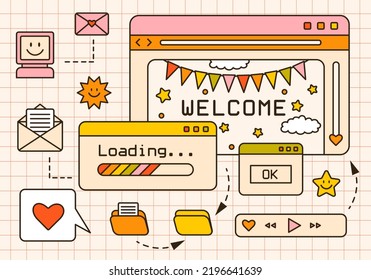 Vector Background With Retro Computer Windows, Screens, Audio Player,web Browser. Cute Old Desktop Interface With Icons. 90s And Y2k Digital Aesthetic. Vintage Banners, Frames, Boxes And Panels