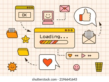 Vector background with retro computer windows, screens, audio player. Cute old desktop interface with various icons. 90s and y2k digital aesthetic. Vintage banners, frames, boxes and panels for design