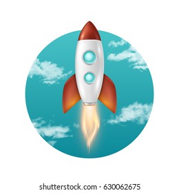 Vector background with retro space rocket ship launch, Template for project start up and development process, creative idea etc.