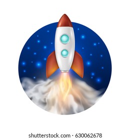 Vector background with retro space rocket ship launch, Template for project start up and development process, creative idea etc.