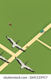 Vector background with road, green fields, cars, tractor and flying geese, isometric background with copy space