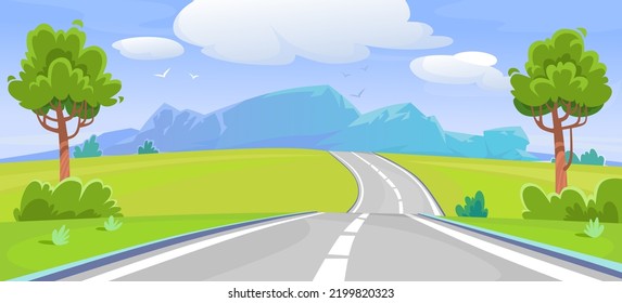 Vector background of a road to the mountains in cartoon style. Summer route to adventures through a scenic green valley in a national park. A massive mountain on the horizon. Landscape view.