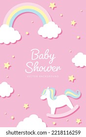 vector background with a rocking horse and rainbow in the sky for banners, baby shower cards, flyers, social media wallpapers, etc.