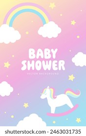 Fondo de Vector con un caballo mecedor y arco iris en el cielo para Anuncios, tarjetas de baby shower, volantes, Fondos de pantalla de redes sociales, etc.