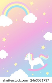 Fondo de Vector con un caballo mecedor y arco iris en el cielo para Anuncios, tarjetas de baby shower, volantes, Fondos de pantalla de redes sociales, etc.