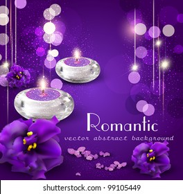 vector background with romantic candles and violets on purple background