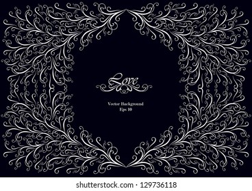 vector background with romantic vintage frame in silhouette isolated on black background