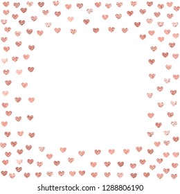 Vector background with rose gold foil confetti hearts isolated on white. Modern element for wedding, celebration, party, anniversary, birthday, Valentine's Day designs.