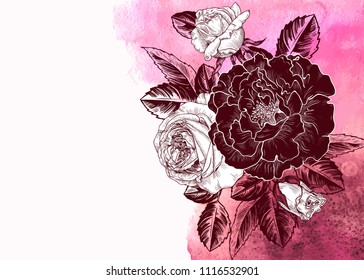 Vector background with roses sketches on a watercolor stain. Hand-drawn illustration in vintage style.
