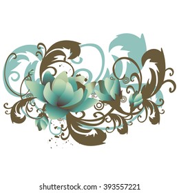 Vector background with roses, twigs of leaves horizontal. Stylized flowers with branches and foliage curled in vintage pastel colors. Abstract floral illustration with text box on white background