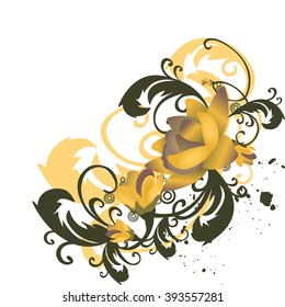 Vector background with roses, twigs of leaves border corner. Stylized flowers with branches and foliage curled in vintage pastel colors. Abstract floral illustration with text box on white background