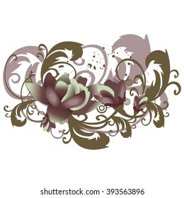Vector background with roses, twigs of leaves horizontal. Stylized flowers with branches and foliage curled in vintage pastel colors. Abstract floral illustration with text box on white background